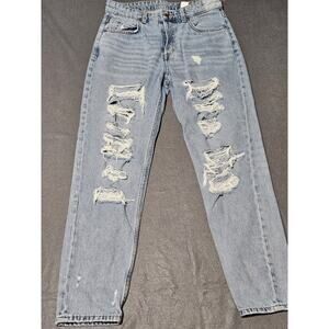 & Denim Jeans Women 2 Blue Denim Boyfriend Low Waist Distressed Button Fly